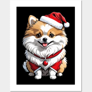 Cute pomeranian dog in santa costume Posters and Art